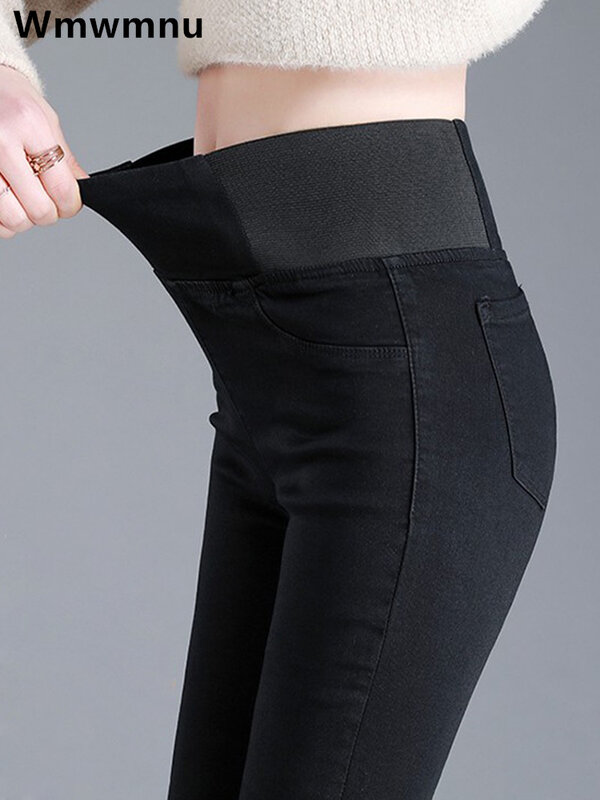 Jeans lápis preto magro, cintura alta, calça jeans fina, leggings elásticas, calça casual, tamanho grande 26-38, jeans, 2024