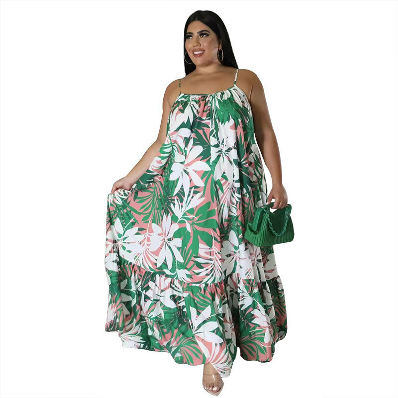 Plus Size Leaves Printed Loose Long Dress Summer Spaghetti Strapless Full Length Vestidos Beach Style Vintage Streetwear Robes