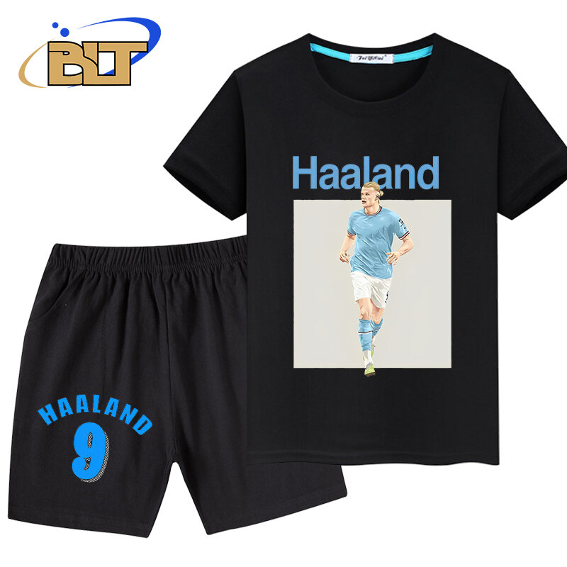 Haaland-Conjunto infantil de camiseta e shorts estampados, manga curta preta, roupa de verão, conjunto 2 peças