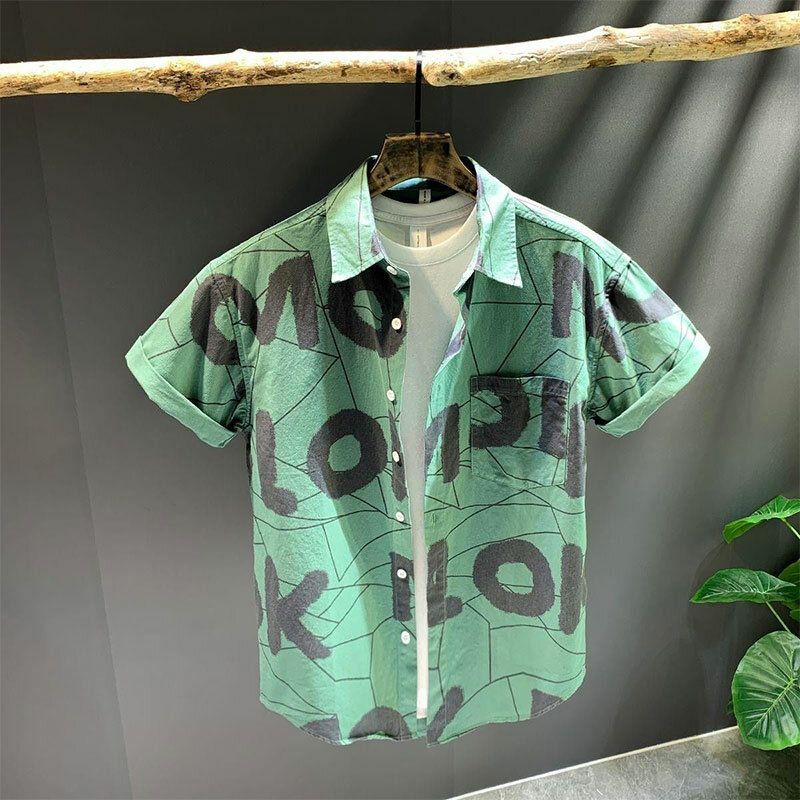 Elegant Fashion Harajuku Slim Fit Ropa Hombre Loose Casual All Match Sport Shirt Square Neck Button Printed Short Sleeve Blusa