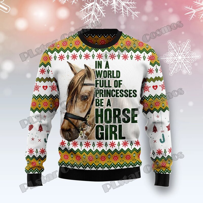 PLstar Cosmos Horse Christmas Tree 3D Printed Men's Ugly Christmas Sweater Winter Unisex Casual Warm Knitwear Pullover MY29