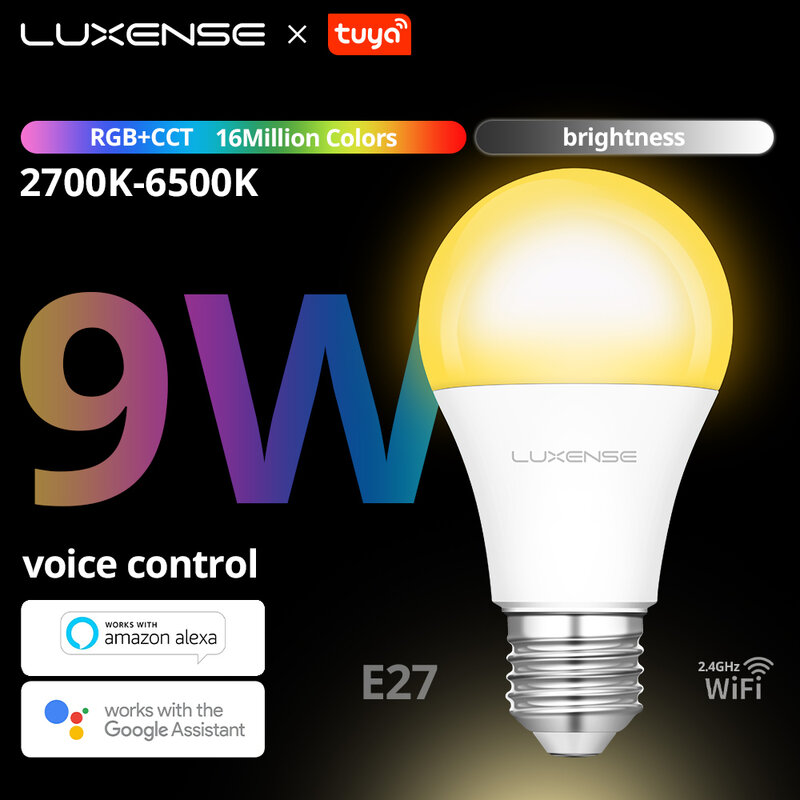 Luxense e27 wifi inteligente lâmpada led rgb 220v compatível com alexa/gogle assistente casa tuya controle de voz pode ser escurecido