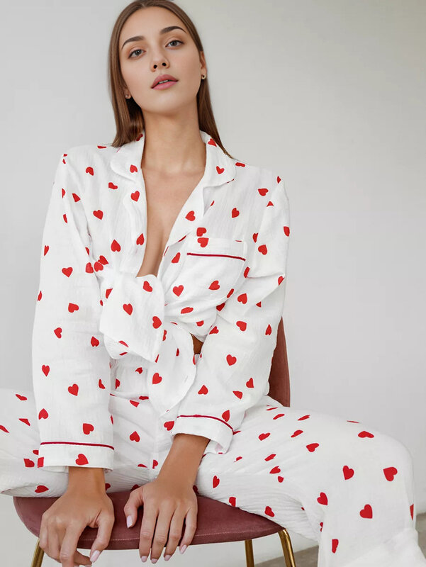 Conjunto de pijama con estampado de amor para mujer, ropa de dormir de 100% algodón con corazón dulce, cómoda, de doble capa, de gasa, bonito conjunto de dos piezas