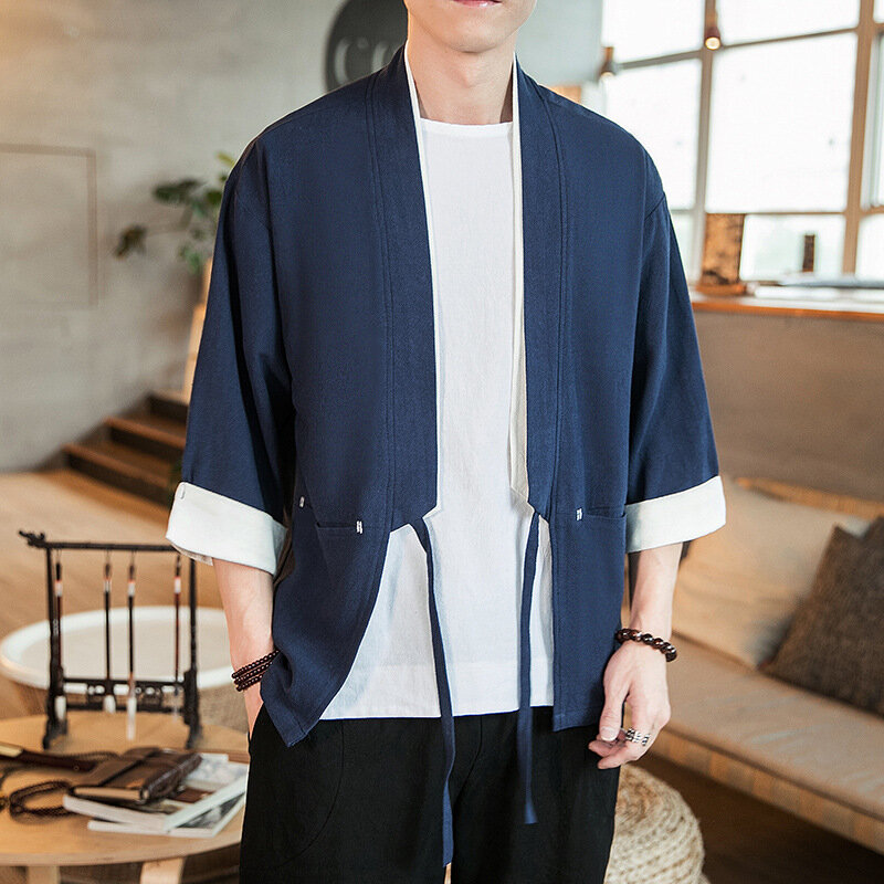 Cardigan en coton pour hommes, kimono d'été, mode streetwear, vestes masculines courtes adt, pardessus décontracté, vêtements
