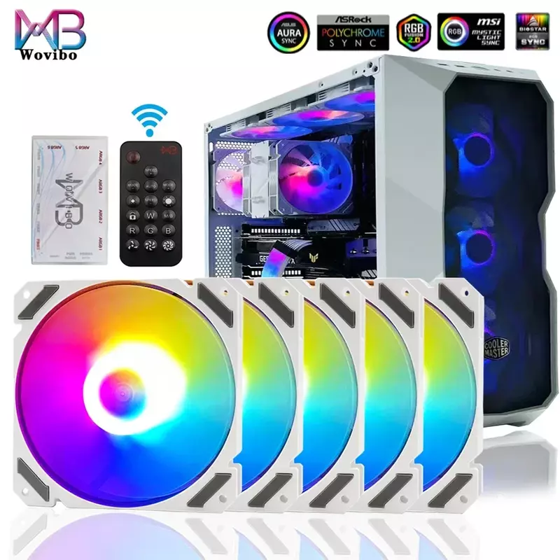 Wovibo RGB ARGB 팬 쿨러, 120mm, PWM, 4PIN, 5V, 3PIN, PC 컴퓨터 냉각 케이스, 라디에이터, 화이트 블랙, 12cm 환풍기