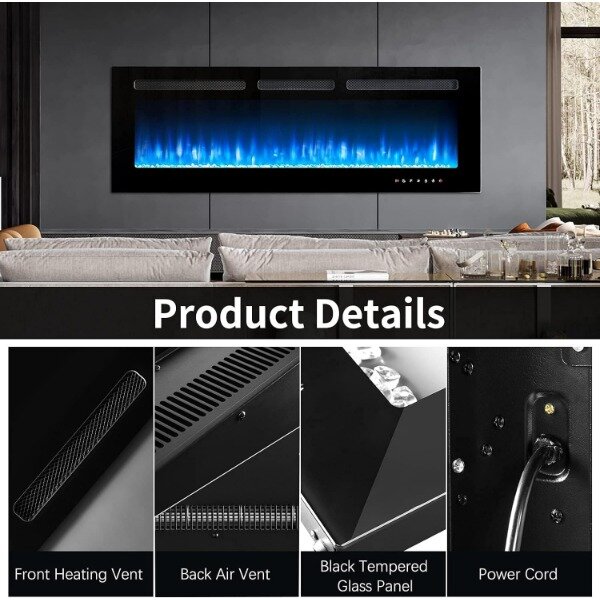 oneinmil Electric Fireplace, 50 inch Wide Recessed/Wall Mounted Electric Fireplace, Remote Control with Timer 12 Adjustable