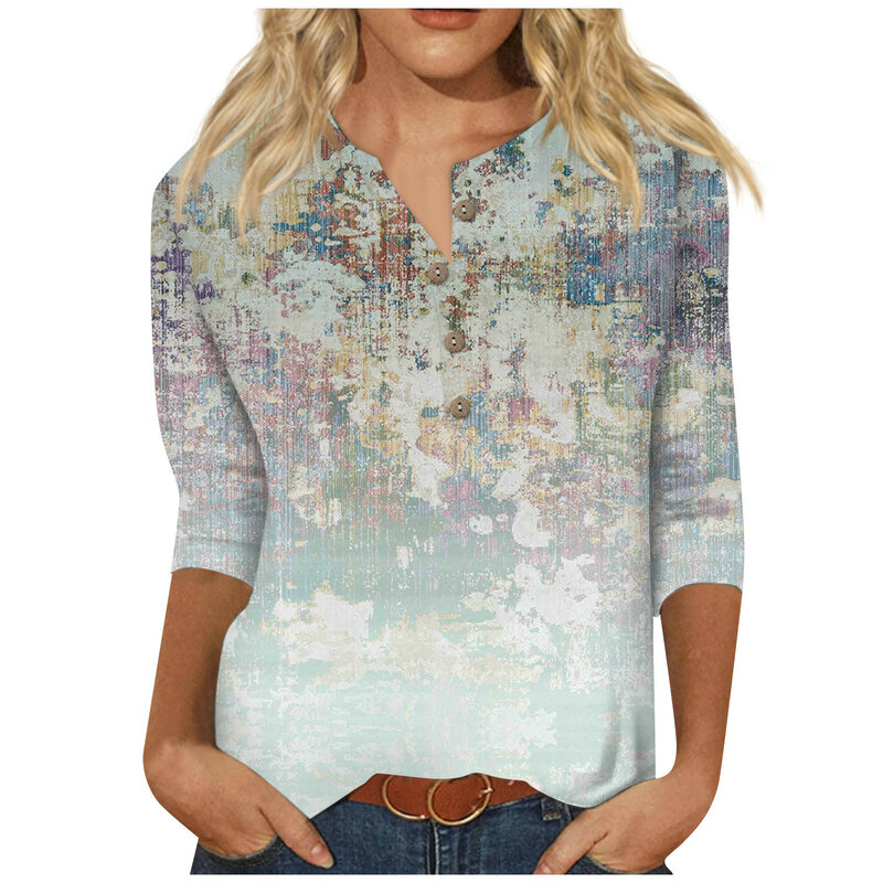 Blusa impressa vegetal elegante para mulheres, camisa com decote em v mangas 3/4, pulôver de algodão, roupas de verão, botão elegante Y2K