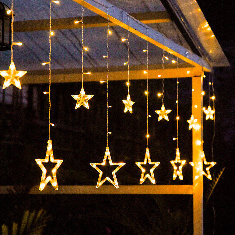 Lampu tenaga surya 3.5M 138 LED, lampu tali tirai Bulan Bintang 8 mode IP44 dekorasi rumah pesta pernikahan Natal colokan EU