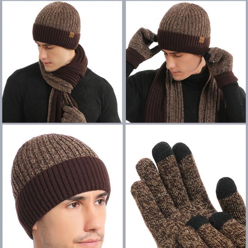 Sarung tangan syal topi tebal, Set topi Beanie musim dingin sangat tebal, syal panjang layar sentuh Super lembut tahan angin untuk pria