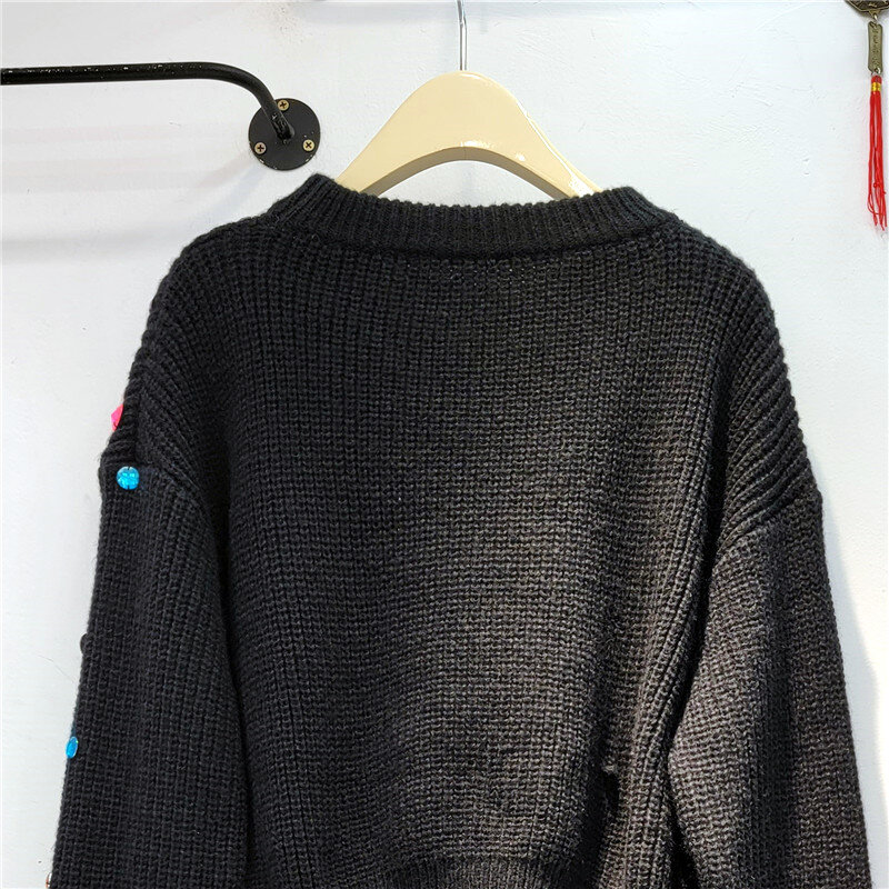 KoHuiJoo Sweter Rajut Berlian Imitasi Multiwarna Berat Mantel Pendek Pinggang Tinggi Pullover Lengan Panjang Ramping Leher-o Musim Gugur Wanita 2023