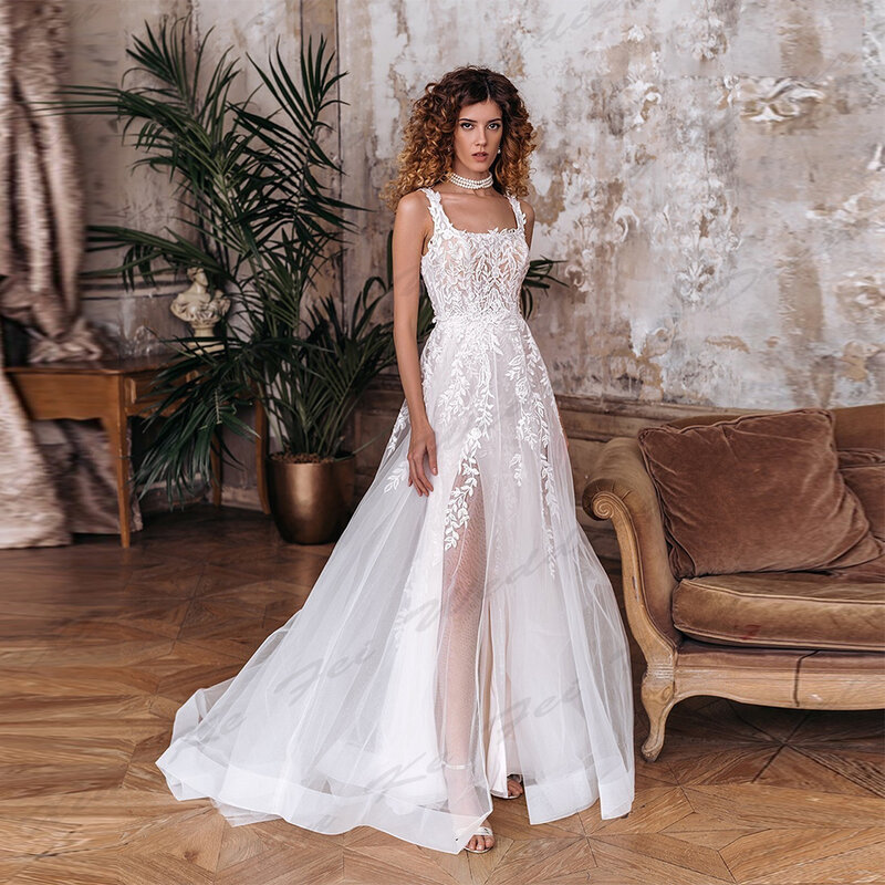 Gaun pernikahan Applique renda yang indah untuk wanita gaun pengantin putri duyung seksi sederhana bahu terbuka tanpa lengan belahan tinggi mengepel