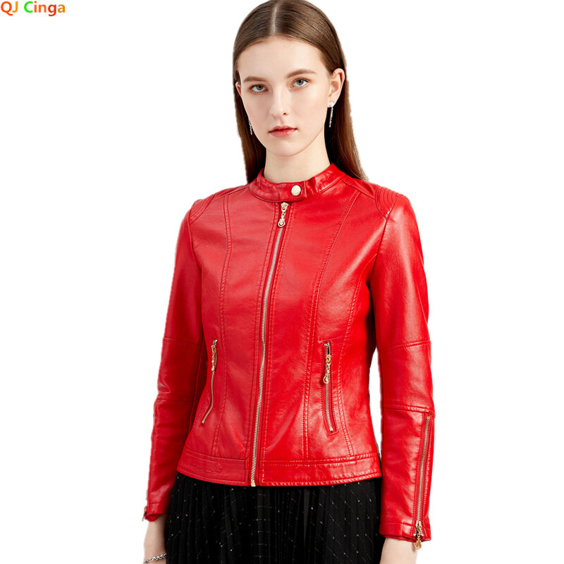Jaket PU Kerah Tegak Merah Mantel Kulit Kasual Fashion Wanita Pakaian Luar Wanita Lengan Panjang Putih Hitam Biru