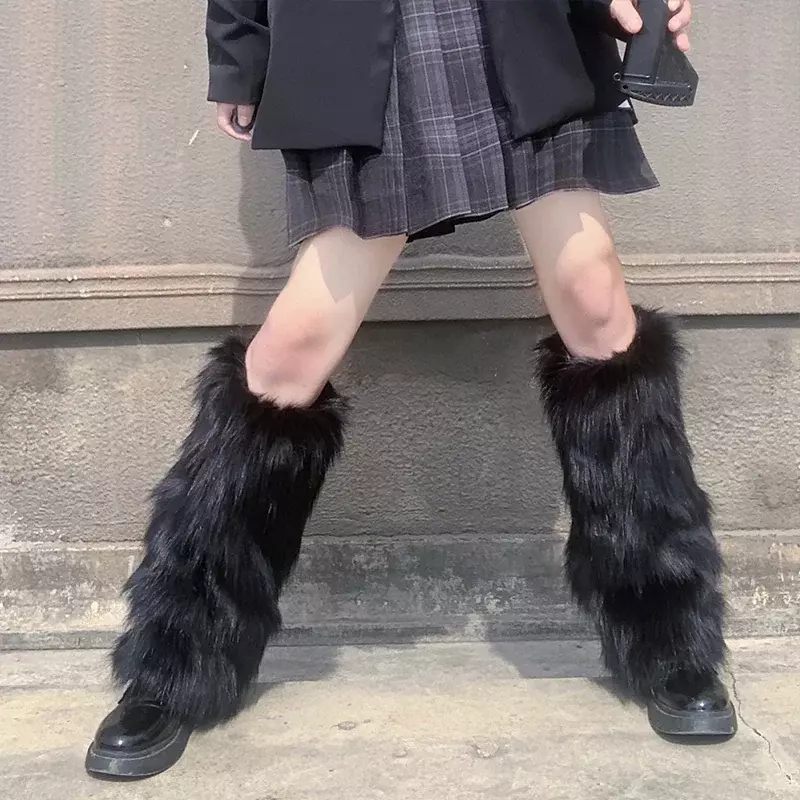 Penghangat kaki bulu palsu untuk wanita, kaus kaki kaki panjang pesta Lolita Harajuku tebal mewah musim dingin Punk Y2K