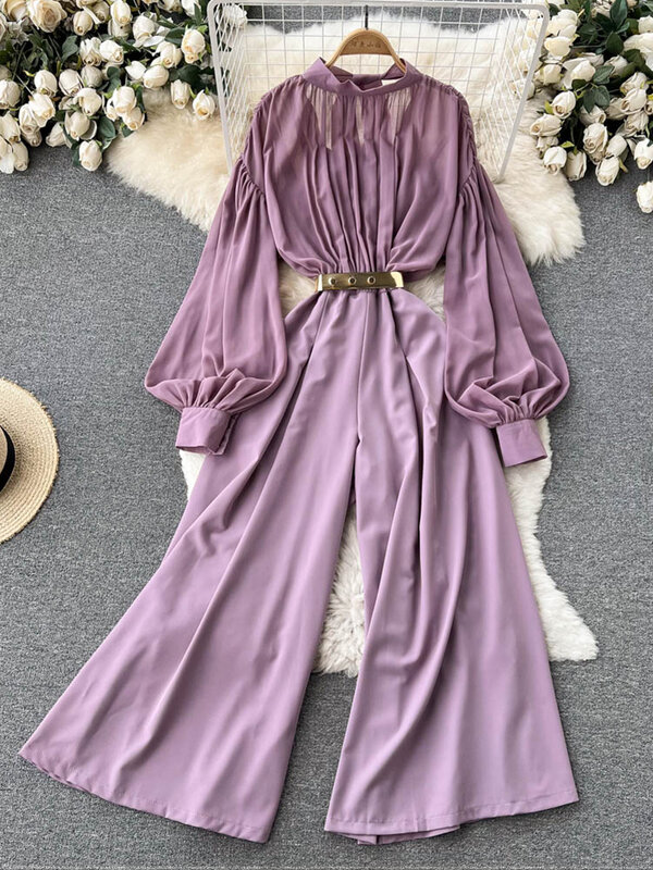 Spring Autumn Women Stand Collar Puff Sleeve Jumpsuits Office Lady Empire Slim Jumpsuits Loose Wide Leg Jumpsuit with Belt