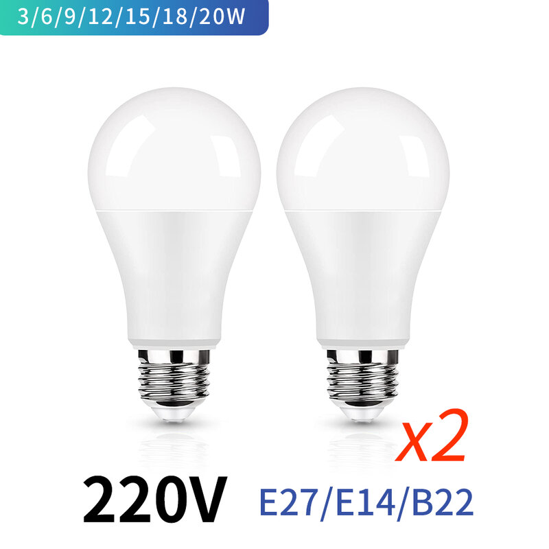 2 шт., лампочки E27 E14 B22 220 В, реальная мощность 20 Вт 18 Вт 15 Вт 12 Вт 9 Вт 6 Вт 3 Вт
