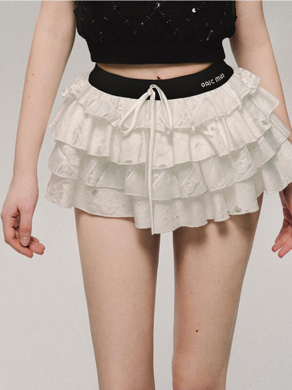 QWEEK Cuquette Y2k Ruffles Kawaii Cute Cake White Mini Skirt Hotsweet Mall Gorh Gothic E-girls Emo Skirts 2024 Spring Summer