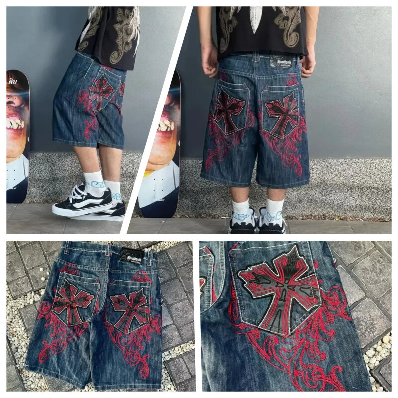 Retro Y2K Neo-Gothic Oversized Cross Pattern Printed Loose Denim Shorts High Street Casual Men's High Waisted Wide Leg Shorts