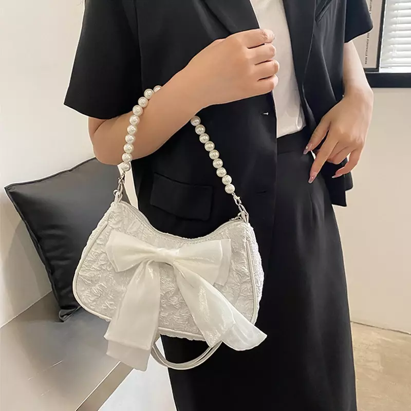 Женская сумка с жемчугом, роскошная дизайнерская сумочка в стиле ретро, сумки через плечо с бантом, модная холщовая женская сумка, новинка 2024, трендовая женская сумка на плечо, кошелек