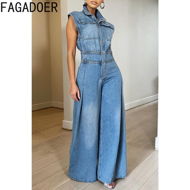 Fagadoer จั๊มสูทผ้ายีนส์กางเกงขาม้าผู้หญิงหรูหรากระดุมคอเสื้อเพลย์สูทแขนกุดชุดเอี๊ยมคาวบอยลำลอง
