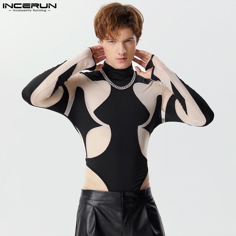 INCERUN Men Bodysuits Mesh Patchwork See Through Sexy Turtleneck Long Sleeve Rompers Streetwear 2024 Fashion Male Bodysuit S-3XL