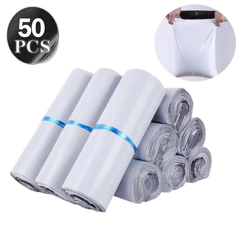 Bolsas de polietileno para mensajería, sobres de plástico autoadhesivos, color blanco, 50 piezas