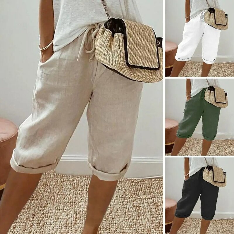 Calças de cintura elástica com bolsos para mulheres, estilo vintage, respirável, comprimento do joelho, cordão, calças sólidas