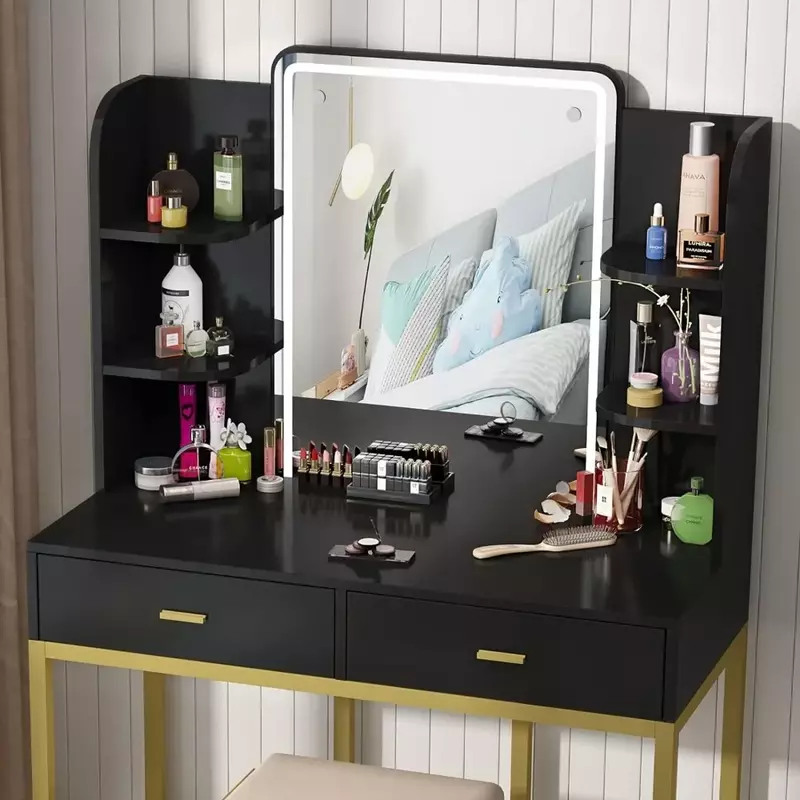 Dresser with Illuminated Mirror, Make-up Dresser with LED Light, Storage Shelf, Upholstered Stool