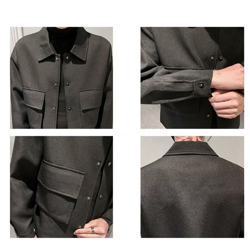 Wiosenna jesienna płaszcz męski Cargo jednolity kolor z długim rękawem męska kurtka kołnierz na dół jednorzędowa odzież wierzchnia Streetwear