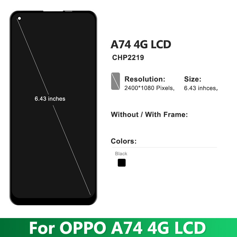 6.43 "wyświetlacz AMOLED dla OPPO A74 4G zamiennik montaż digitizera ekranu dotykowego LCD dla OPPO A74 4G CPH2219 ekran z ramką