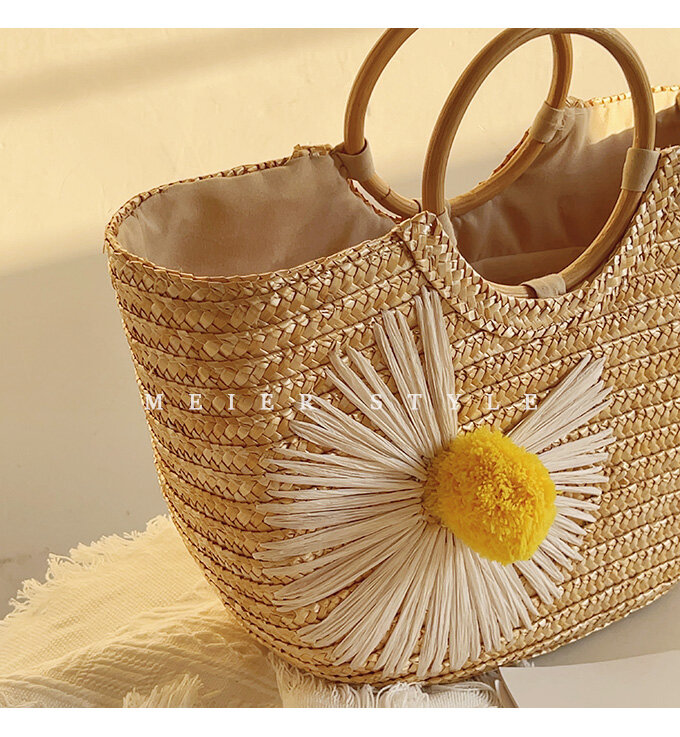 小さなデイジーの麦わらの木製の指輪のハンドバッグ、織りの休暇のビーチバッグ