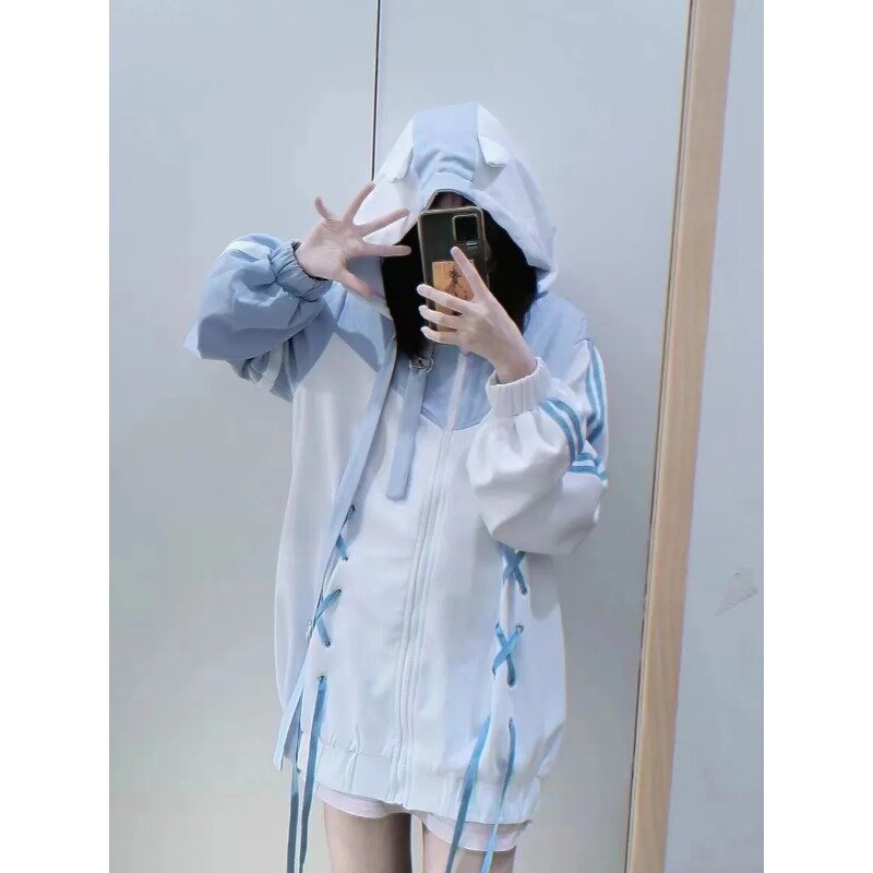 Sudadera con capucha estilo Harajuku para mujer, ropa kawaii informal japonesa, chaqueta gótica de gran tamaño con cremallera, top 2023
