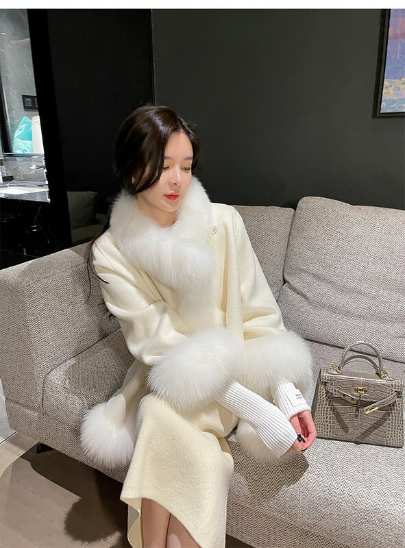 Women Winter Real Fox Fur Collar Double-sided Cashmere Loose Jacket Long Sleeves Coat Luxury One Button Cardigan Woolen Overcoat