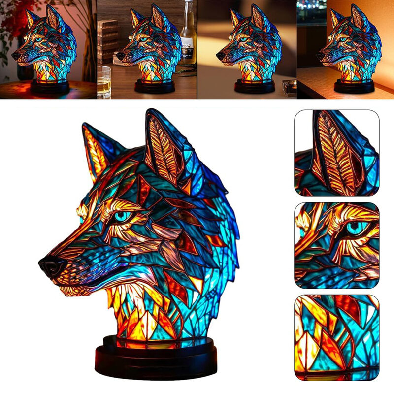 Lampada animale in vetro colorato in resina Dragon Wolf lampada da tavolo elefante ornamento da tavolo lampada da comodino colorata a luce notturna decorazioni per la casa