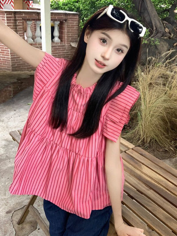 Женские полосатые творческие складки блузки с оборками простые универсальные повседневные для студентов в Корейском стиле милые стильные нежные Новые