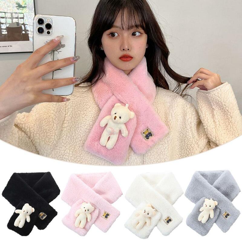 2024 New Unisex Winter Neck Scarf Knitted Fur Bear Plush Cross Scarf Women Kids Outdoor Face Cover Thick Warm Easy Scarves