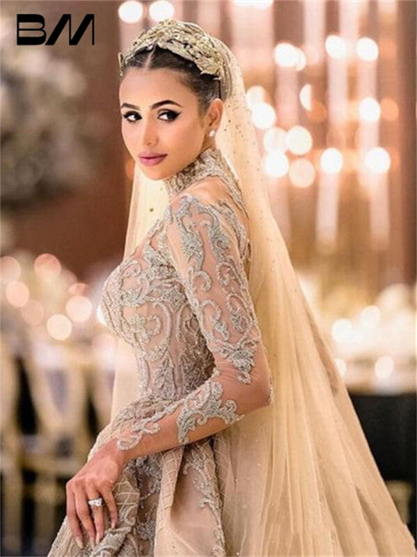 Gaun pernikahan Arab mewah dua potong, gaun pengantin mewah leher tinggi dengan kereta yang dapat dilepas, 2024 wanita