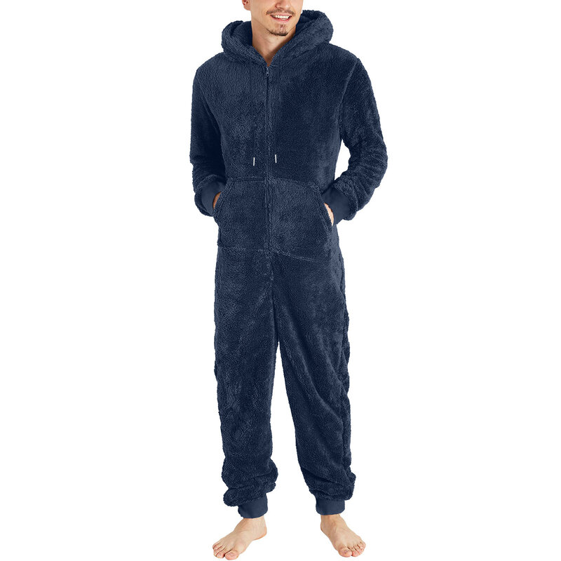 Macacão de lã artificial masculino com capuz, manga comprida Onesie, pijama quente, velo em pijamas, inverno Onesie, 1 peça