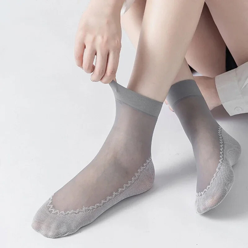 ถุงเท้าสั้นผ้าไหมกำมะหยี่, 5/10คู่ถุงเท้าลูกไม้ยืดหยุ่นใสถุงเท้าประกบกันด้านล่างกันลื่น