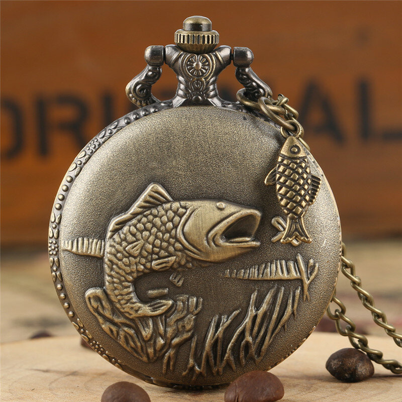 Orologio da tasca classico con orologio con movimento al quarzo in bronzo con motivo a pesce 3D con ciondolo a catena per collana accessorio regalo orologio