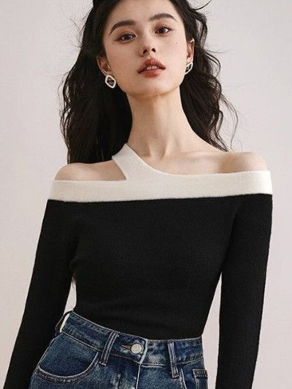 Panelled Sweaters Women Autumn Off Shoulder Streetwear Simple Design Gentle Female Knitted Clothing Slim Vintage Office Fashion