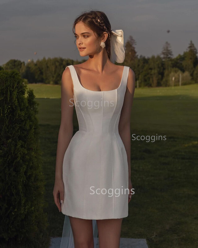 Женское Короткое свадебное платье, элегантное простое платье на бретелях-спагетти с открытой спиной и квадратным вырезом, платье невесты выше колена, 2024