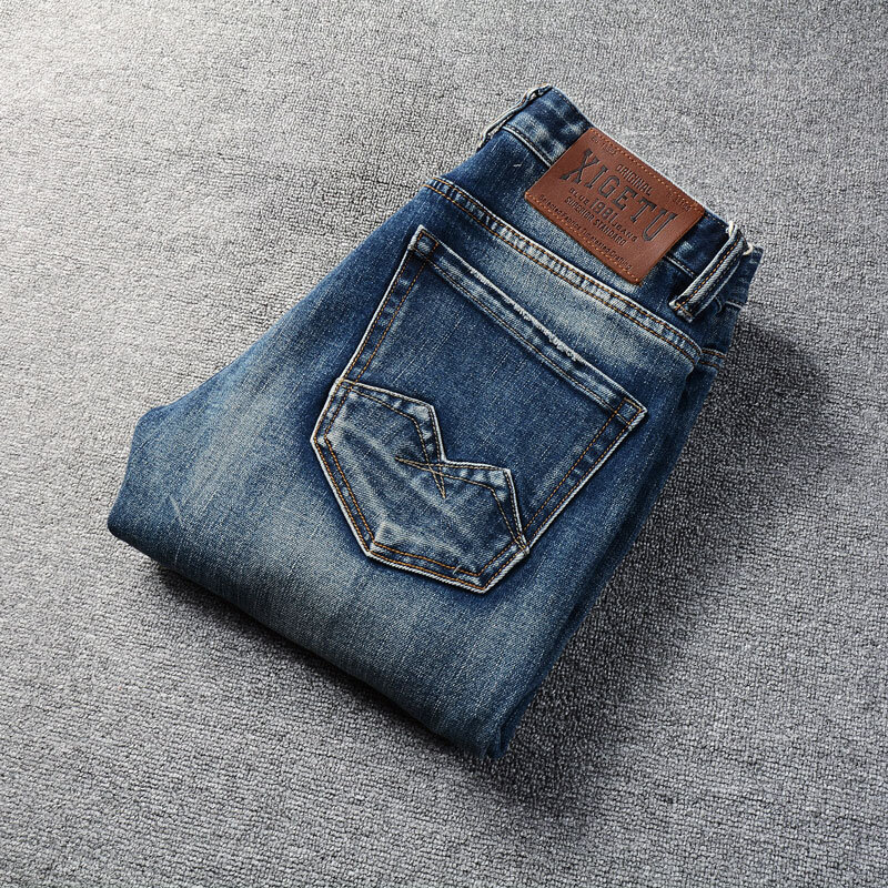 Pantalones vaqueros rasgados elásticos Retro para hombre, Jeans rasgados delgados, pantalones de mezclilla de diseñador bordados, azul lavado, alta calidad, moda Vintage