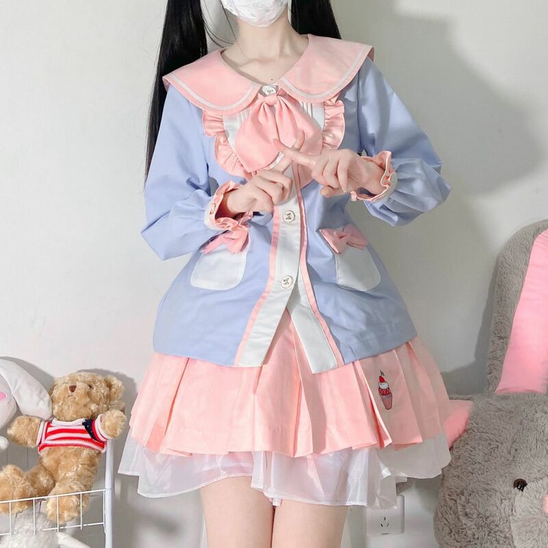 Японский костюм JK Chic из 2 предметов, женская одежда, рубашка с матросским воротником и вышивкой, трапециевидная плиссированная мини-рубашка, наряды, милый костюм Y2k