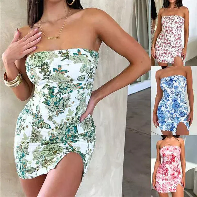 Women Summer Mini Dress Solid Color Ladies Floral Printed Bandeau Dress Slim Fit Side Slit Vintage Style Vacation Outfit YDL47