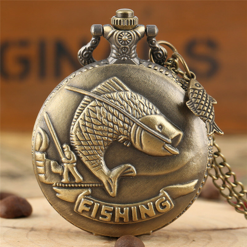 Reloj de bolsillo de cuarzo y bronce para hombres y mujeres, reloj de moda antiguo, diseño de pesca de pez grabado, número árabe, reloj con cadena, regalo