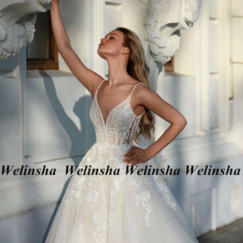 2024 свадебное платье для невесты Индивидуальный размер пикантные на бретельках с V-образным вырезом бисером аппликация блестящие тюлевые Свадебные платья а-силуэта