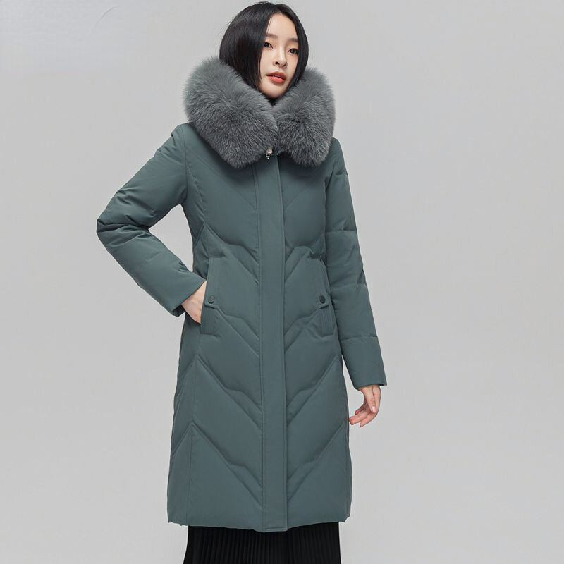 Jaket Down wanita, mantel Musim Dingin versi panjang sedang parka ramping sesuai pakaian luar bertudung kerah bulu waktu santai 2023