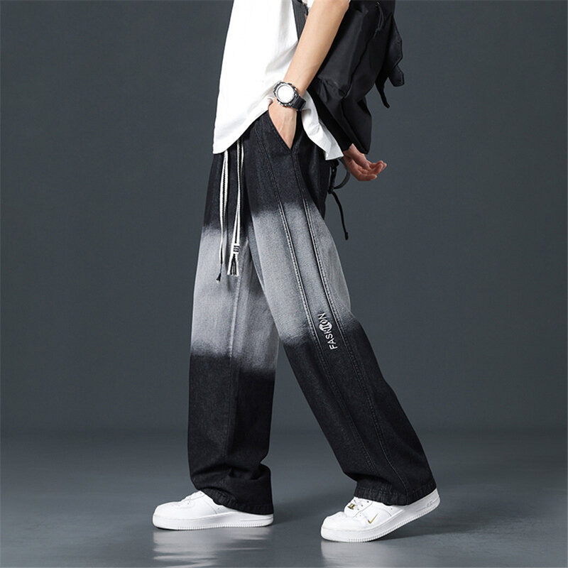 8XL Plus Size Jeans Men Gradient Denim Pant Harajuku Fashion Casual Straight Pants Male Elastic Waist Jeans Big Size 8XL