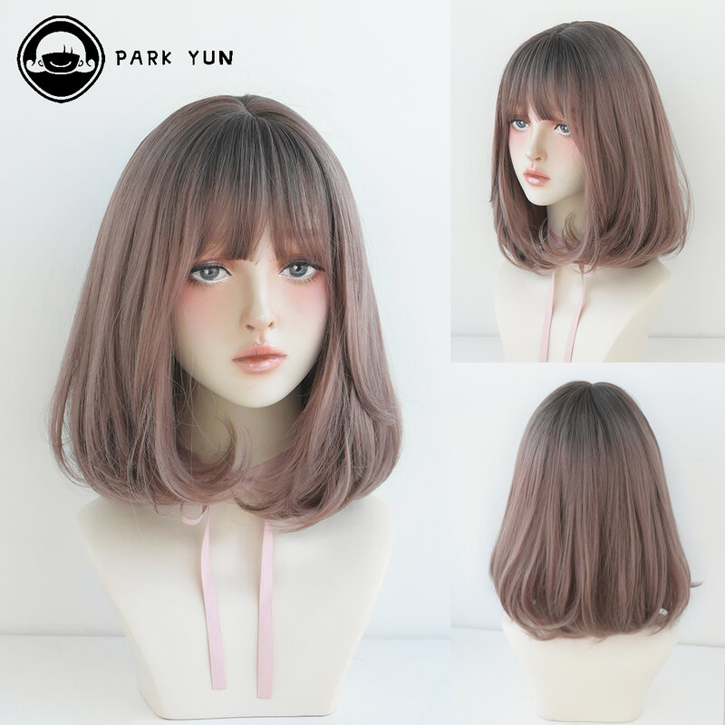 Short Wigs Straight Bob Wigs with Bangs Brown Pink Wig Black Natural Synthetic Hair for Women Daily Cosplay Heat Resistant Wig