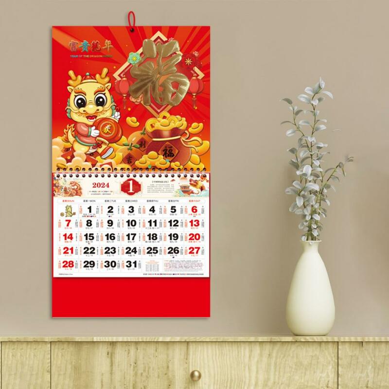 Calendário de parede do ano novo para decoração de casa, design tradicional do dragão, planejamento do ano lunar, ano novo chinês, 2024